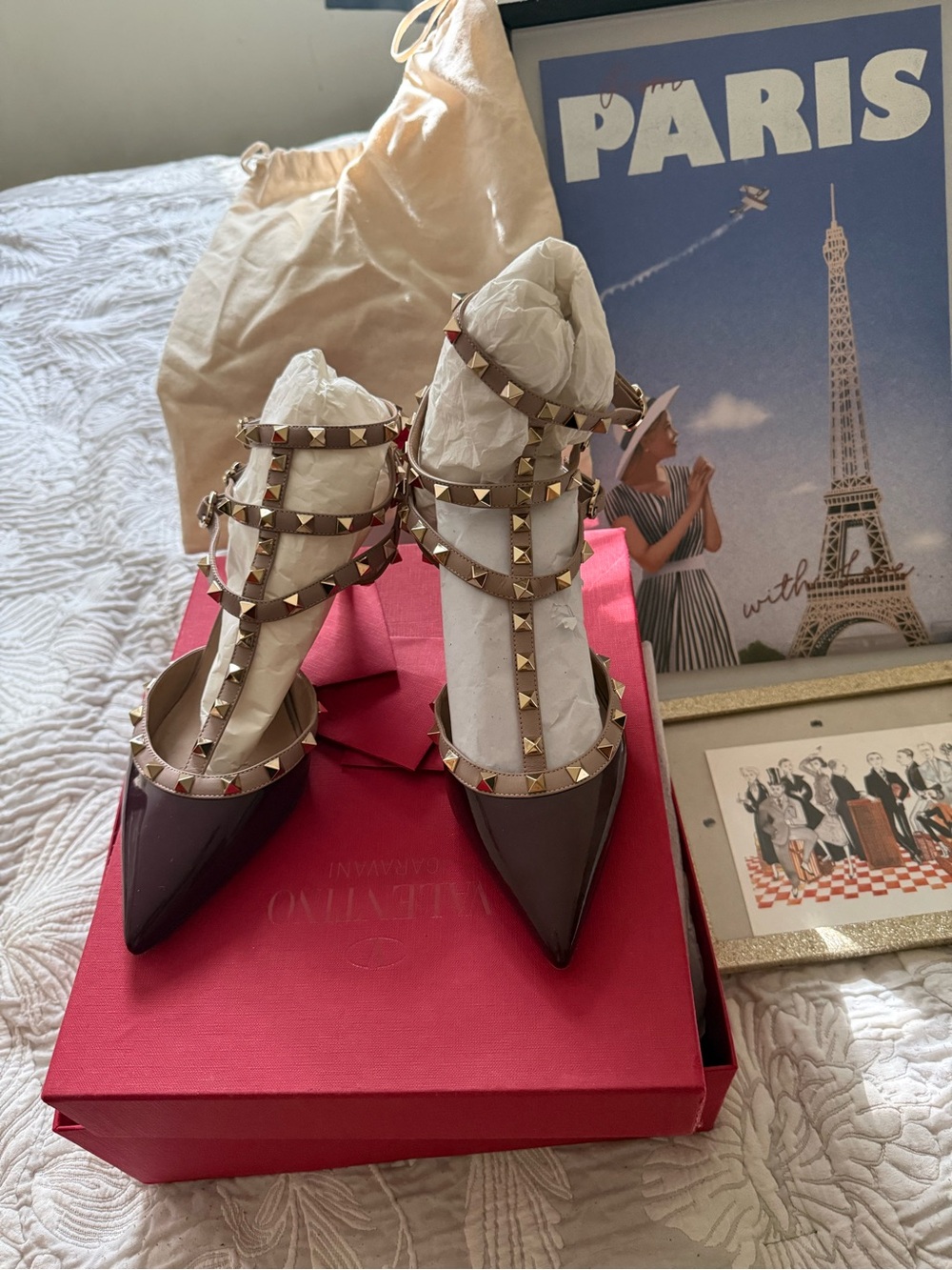 Valentino Studded T-Strap Pointed Toe Pumps in Deep Burgundy